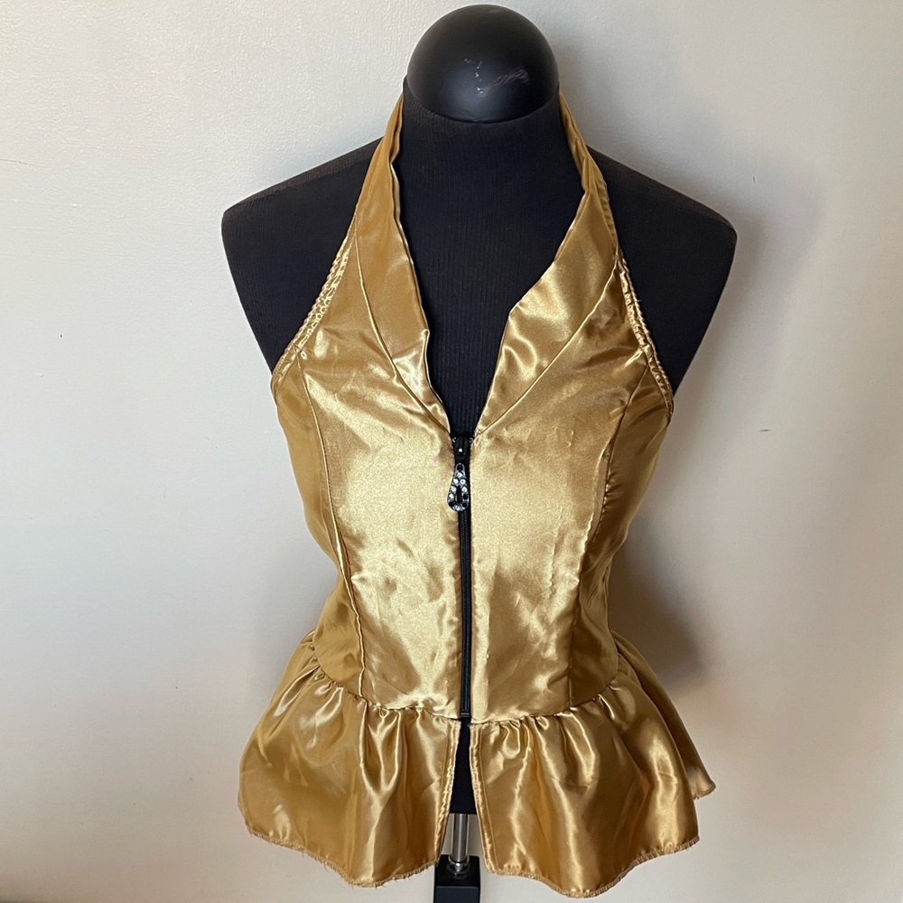 Gold Satin Halter Peplum Zip-Front Top - Picture 2 of 11